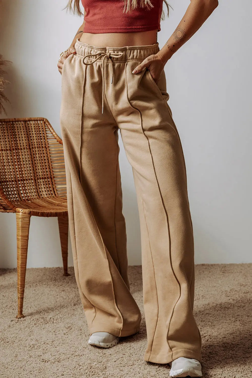 Smoke Grey Exposed Seam Drawstring High Waist Wide Leg Trousers Beagle Boutique Fashion Outlet