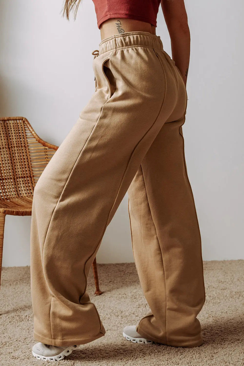 Smoke Grey Exposed Seam Drawstring High Waist Wide Leg Trousers Beagle Boutique Fashion Outlet