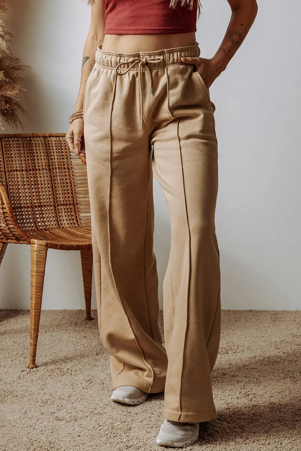 Smoke Grey Exposed Seam Drawstring High Waist Wide Leg Trousers Beagle Boutique Fashion Outlet