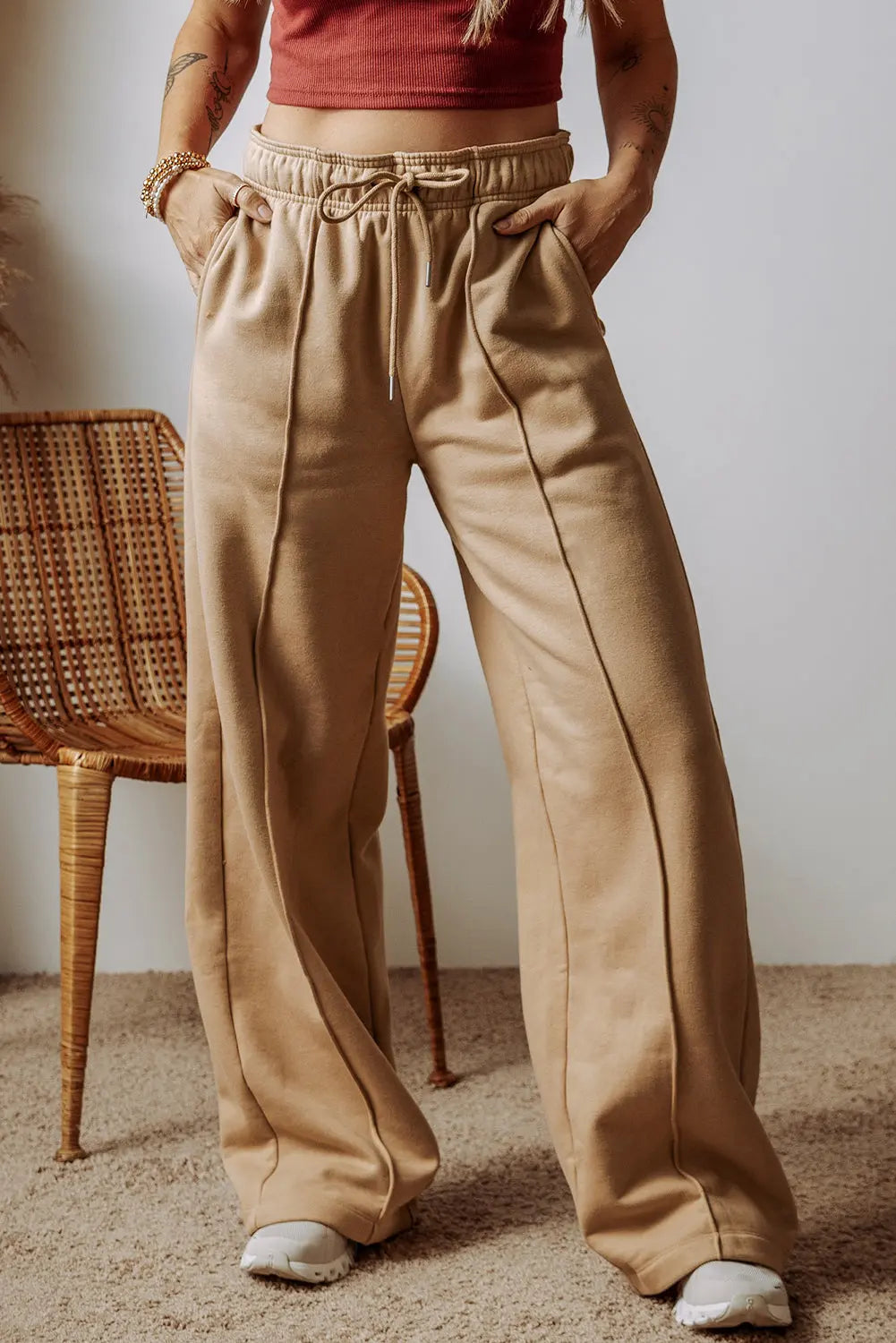 Smoke Grey Exposed Seam Drawstring High Waist Wide Leg Trousers Beagle Boutique Fashion Outlet