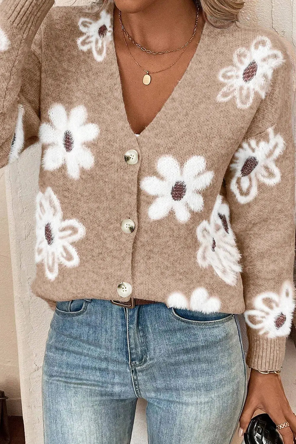 Smoke Grey Floral Print V Neck Knitted Button up Cardigan Beagle Boutique Fashion Outlet