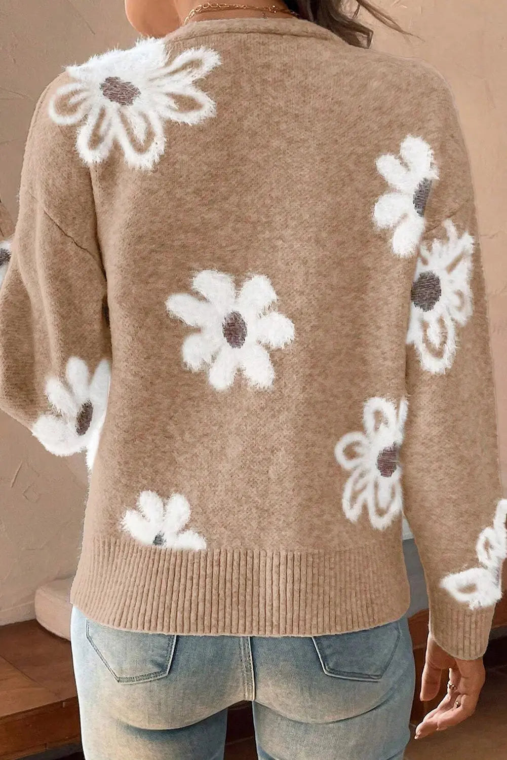 Smoke Grey Floral Print V Neck Knitted Button up Cardigan Beagle Boutique Fashion Outlet