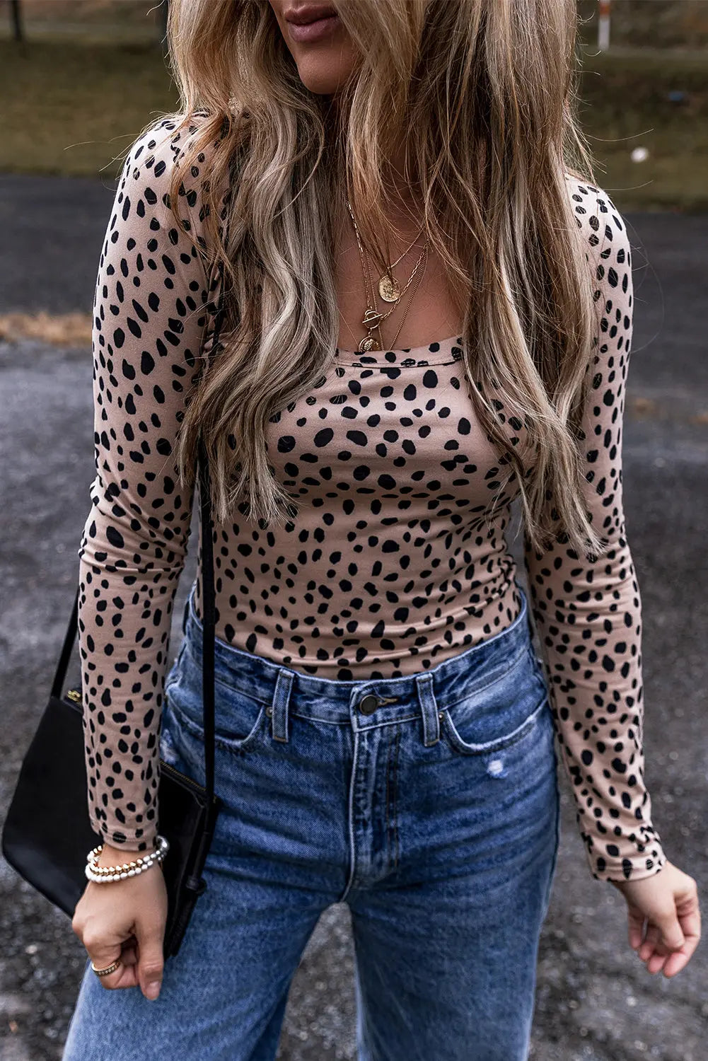 Smoke Grey Leopard Print Long Sleeve Scoop Neck Slim Fit Bodysuit Beagle Boutique Fashion Outlet