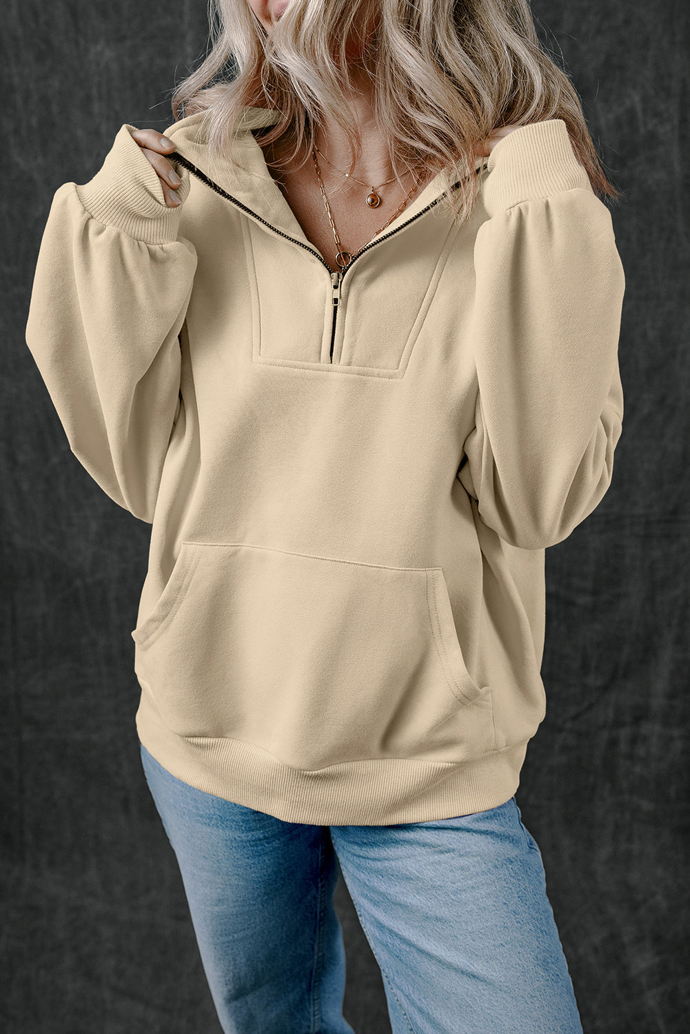Smoke Grey Zip-up Stand Neck Kangaroo Pocket Sweatshirt - Tops/Sweatshirts & Hoodies