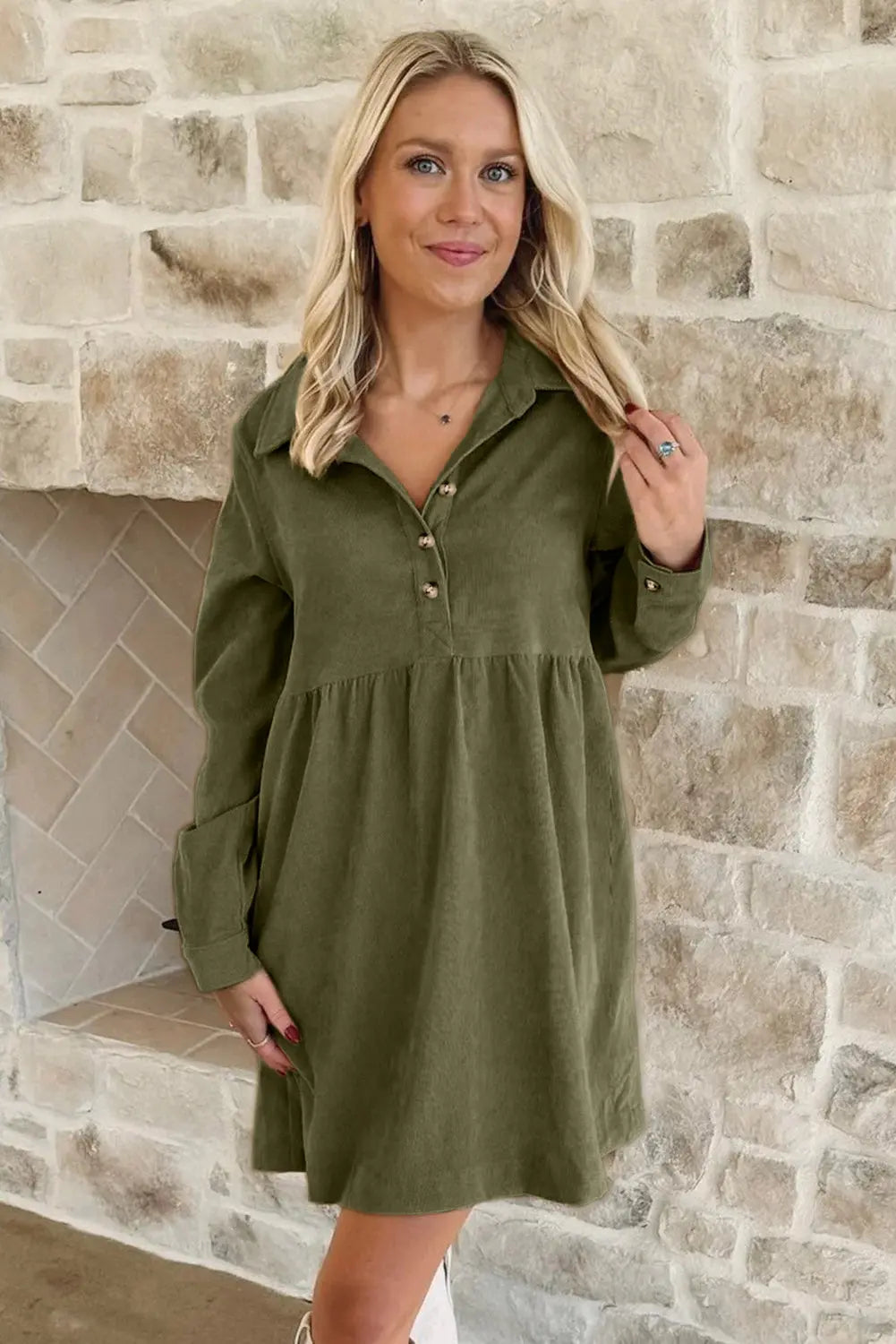 Soft Corduroy Half Button Collared Long Sleeve Mini Dress - eAura