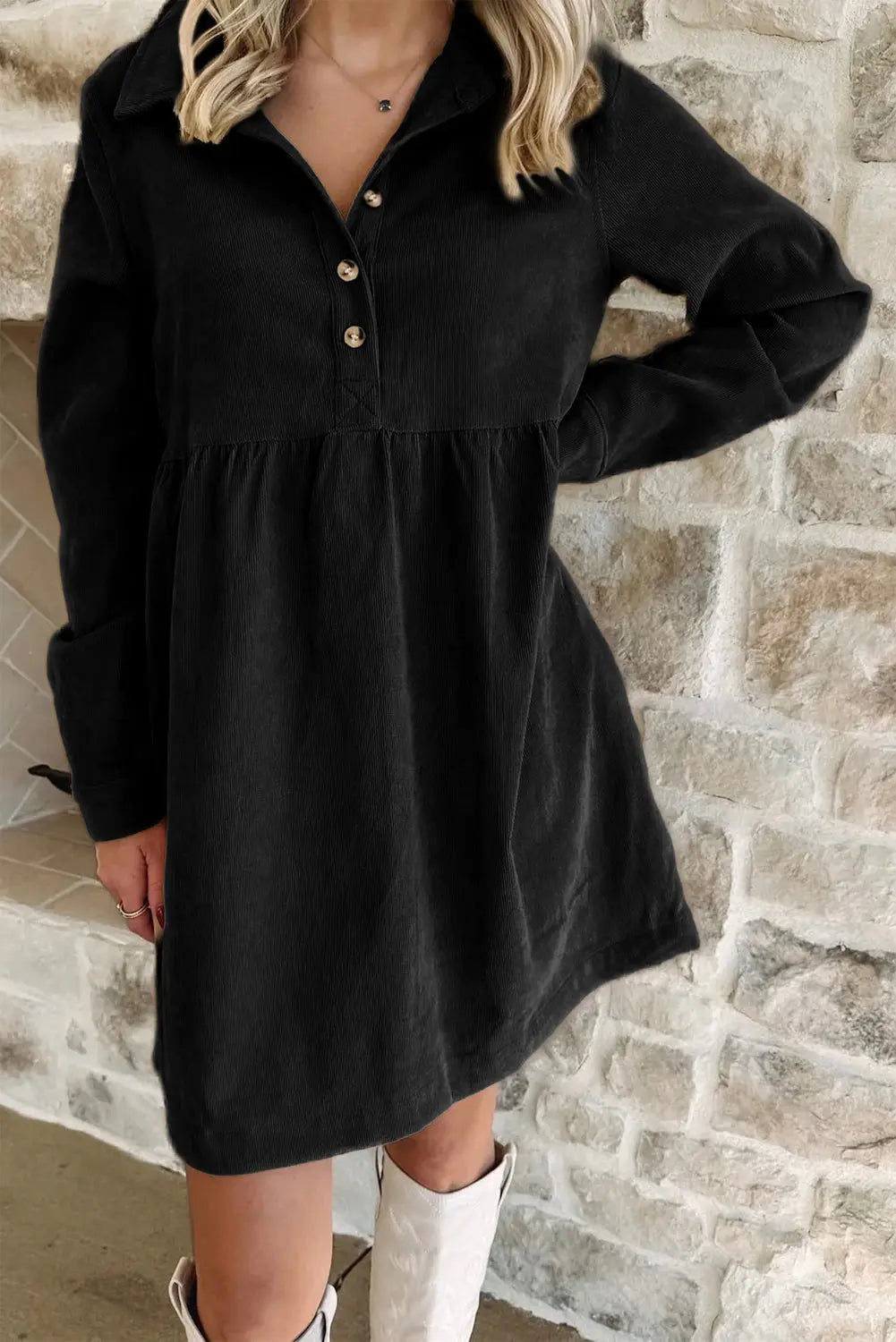 Soft Corduroy Half Button Collared Long Sleeve Mini Dress - eAura