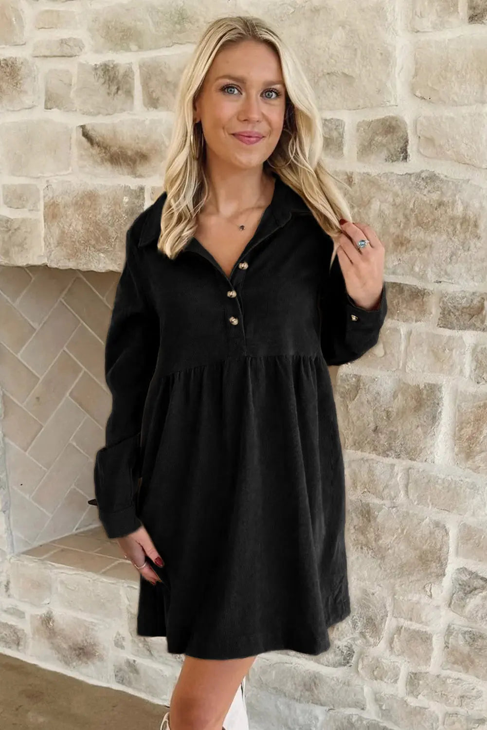 Soft Corduroy Half Button Collared Long Sleeve Mini Dress - eAura