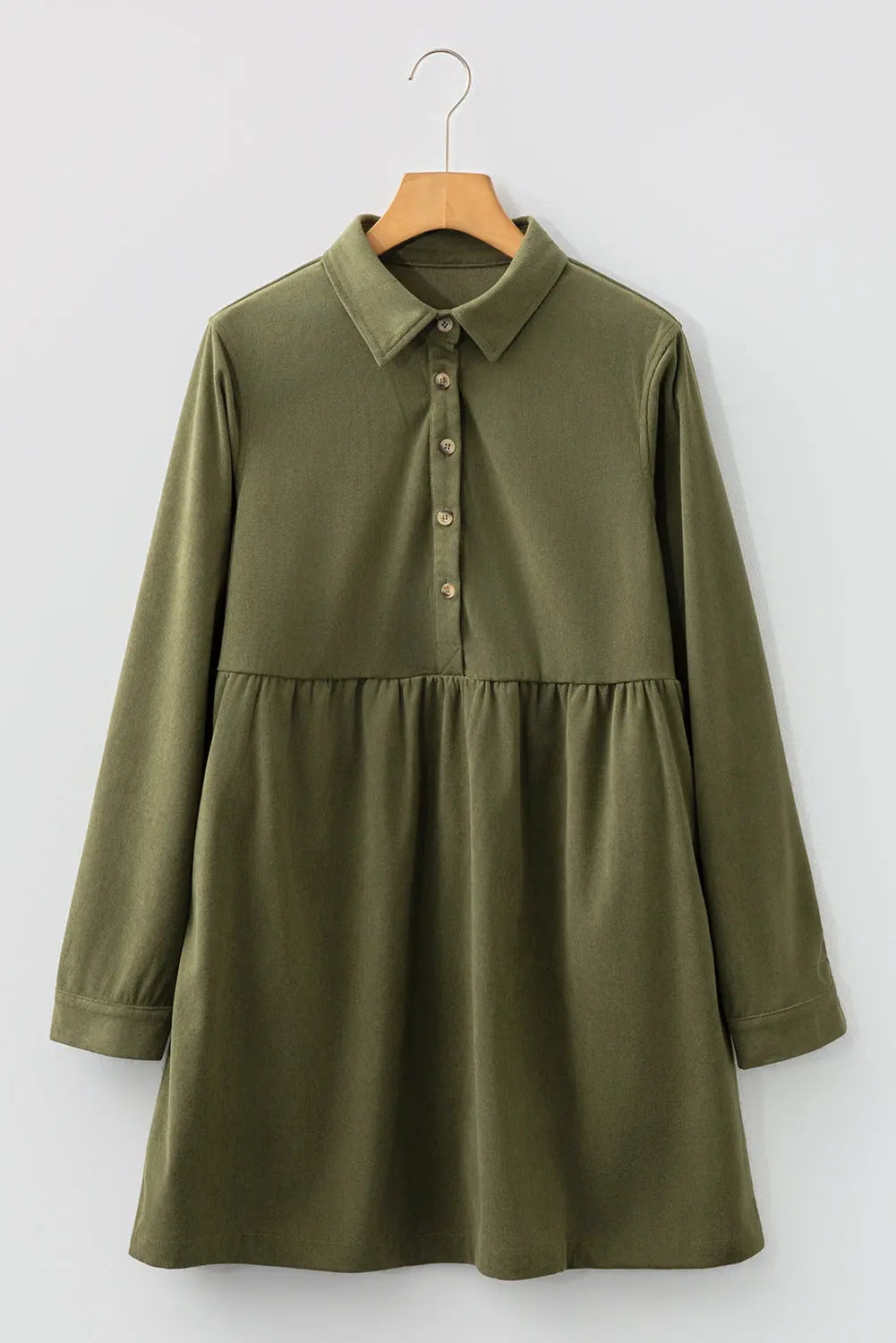 Soft Corduroy Half Button Collared Long Sleeve Mini Dress - eAura