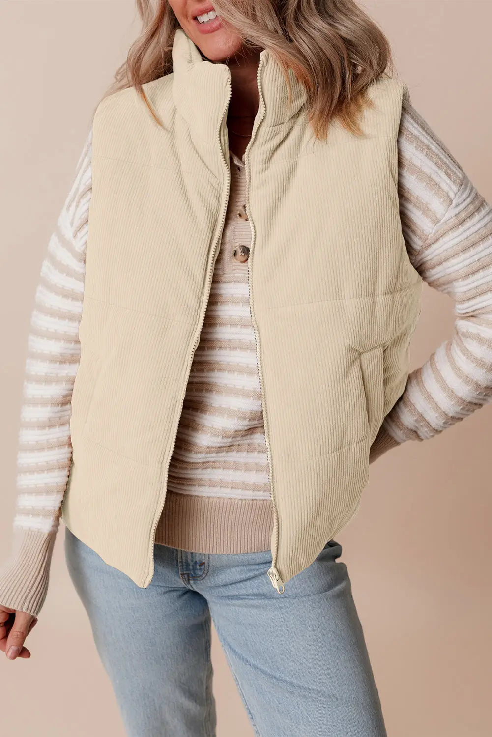 Soft Corduroy Stand Neck Zipped Puffer Vest - Outerwear/Vests