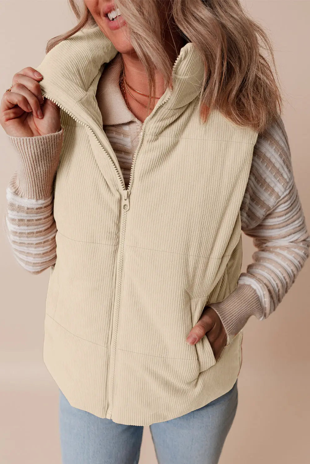 Soft Corduroy Stand Neck Zipped Puffer Vest - eAura