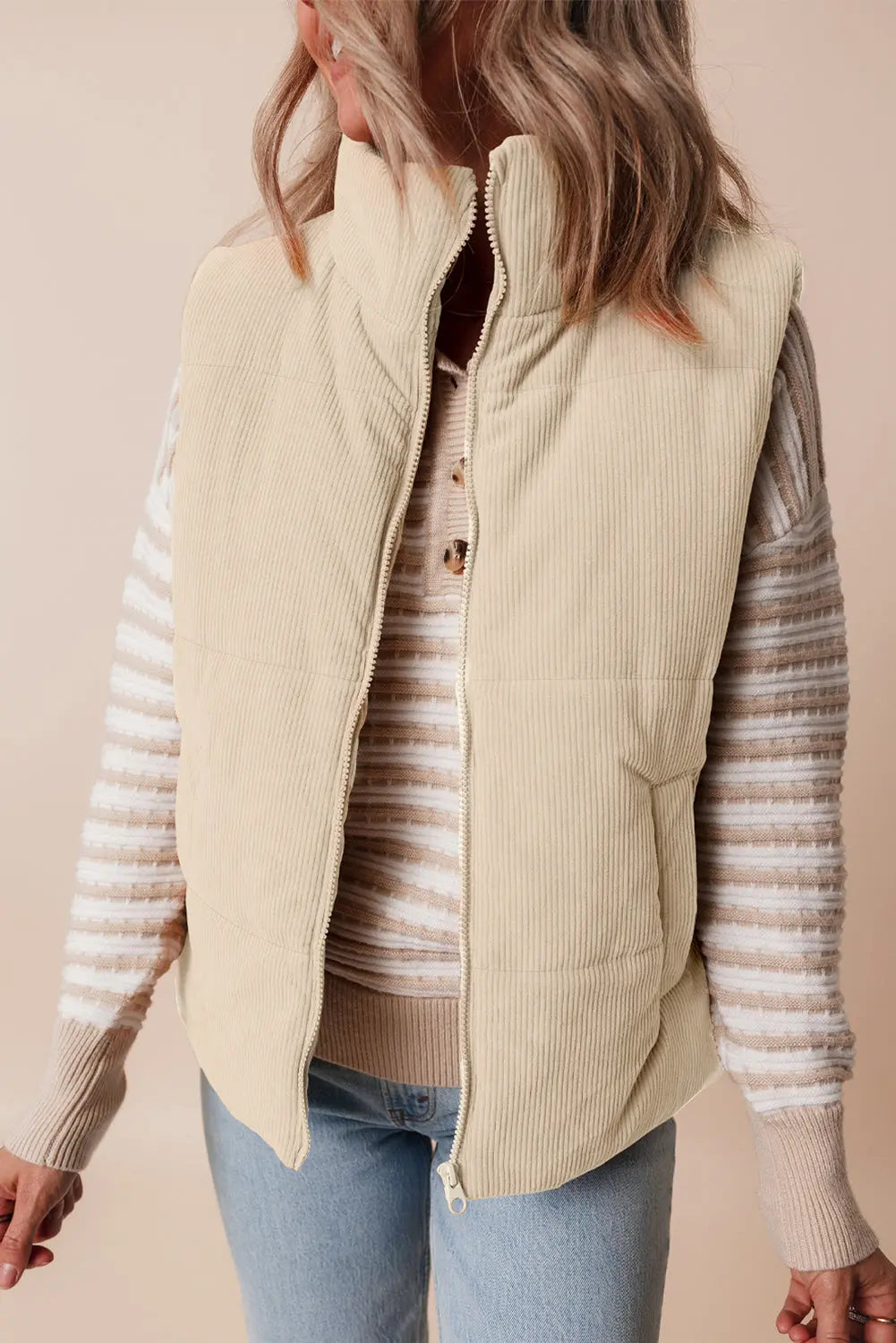 Soft Corduroy Stand Neck Zipped Puffer Vest - eAura