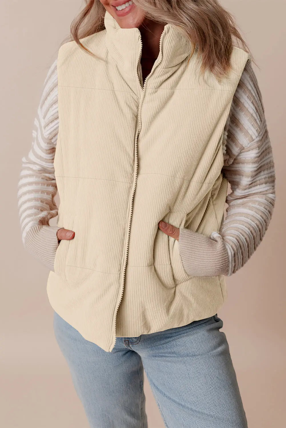 Soft Corduroy Stand Neck Zipped Puffer Vest - eAura