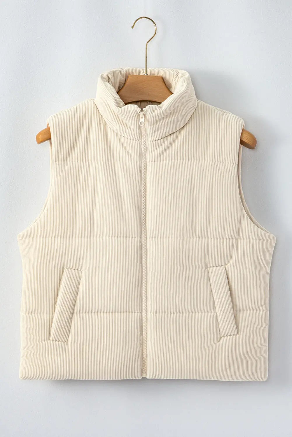 Soft Corduroy Stand Neck Zipped Puffer Vest - Outerwear/Vests