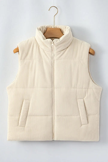 Shop Soft Corduroy Stand Neck Zipped Puffer Vest at eAura