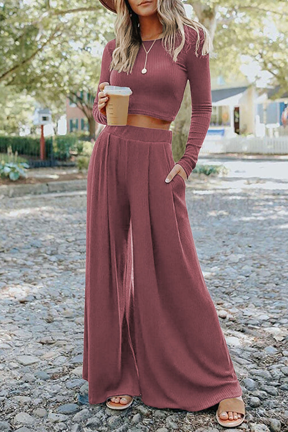Solid Colour Ribbed Crop Top Long Trousers Set - eAura