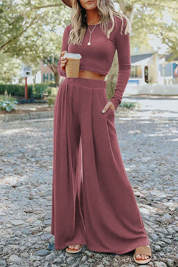 Solid Colour Ribbed Crop Top Long Trousers Set - eAura