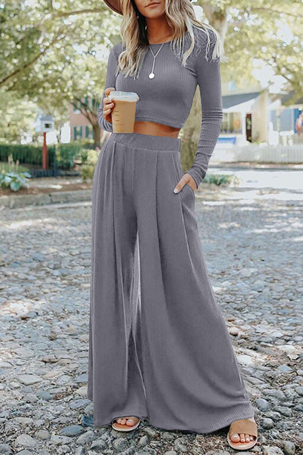 Solid Colour Ribbed Crop Top Long Trousers Set - eAura
