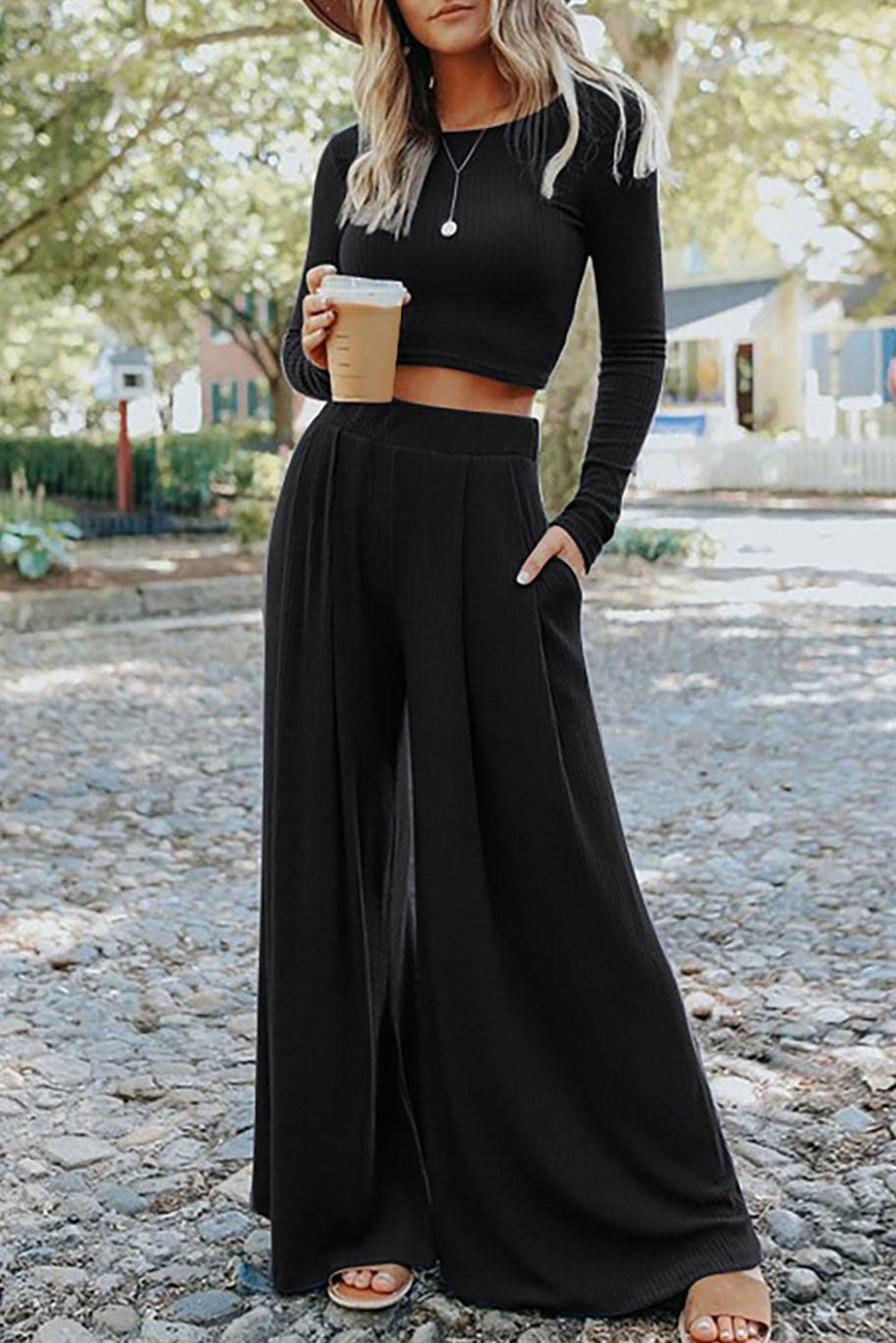 Solid Colour Ribbed Crop Top Long Trousers Set - eAura