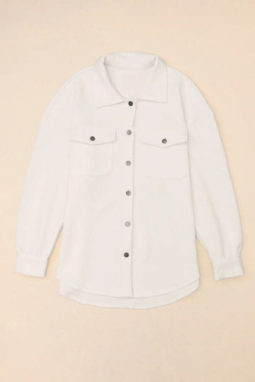 Solid Textured Flap Pocket Buttoned Shacket - Outerwear/Jackets