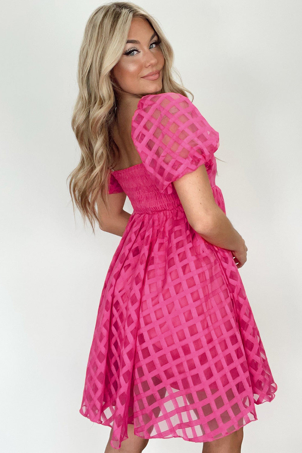 Strawberry Pink Checkered Puff Sleeve Babydoll Dress - eAura