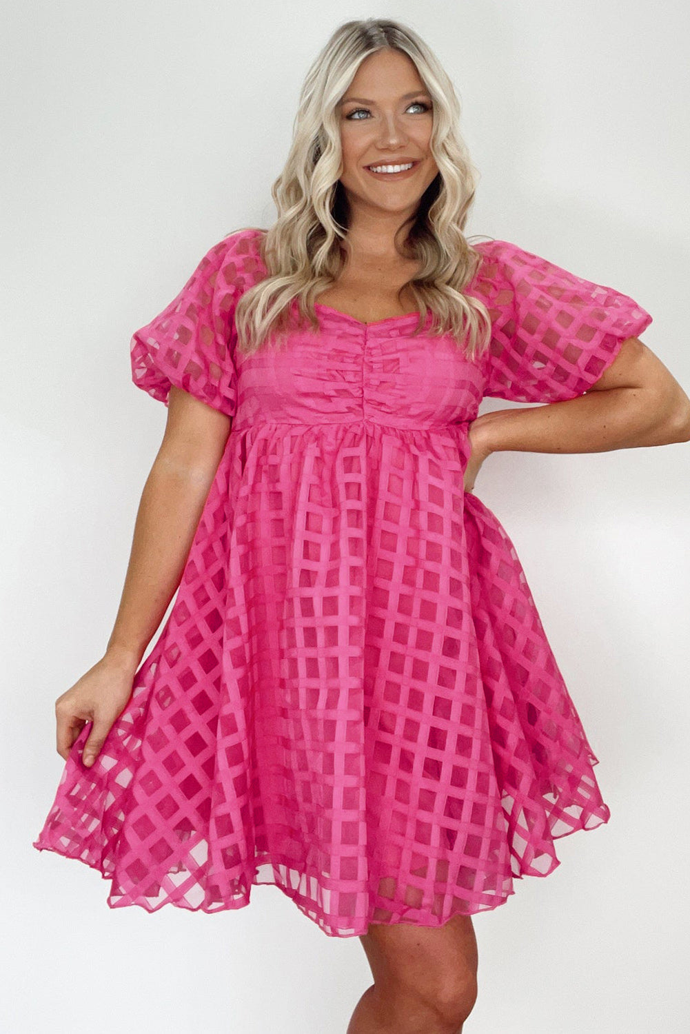 Strawberry Pink Checkered Puff Sleeve Babydoll Dress - eAura