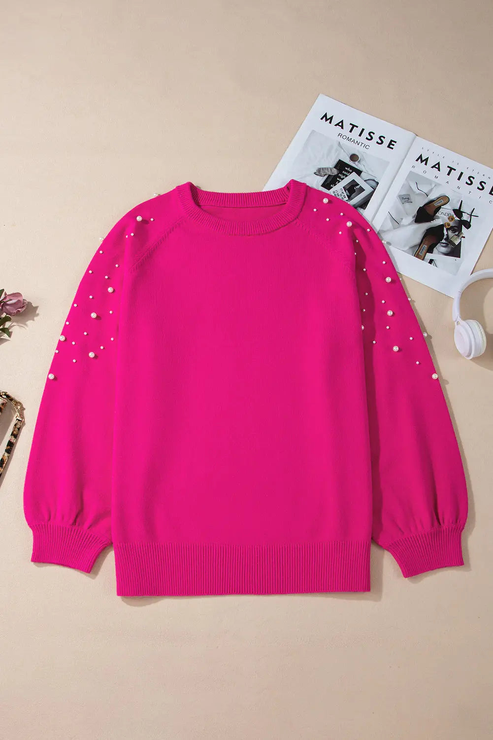 Strawberry Pink Pearled Decor Raglan Sleeve Plus Size Sweater Beagle Boutique Fashion Outlet