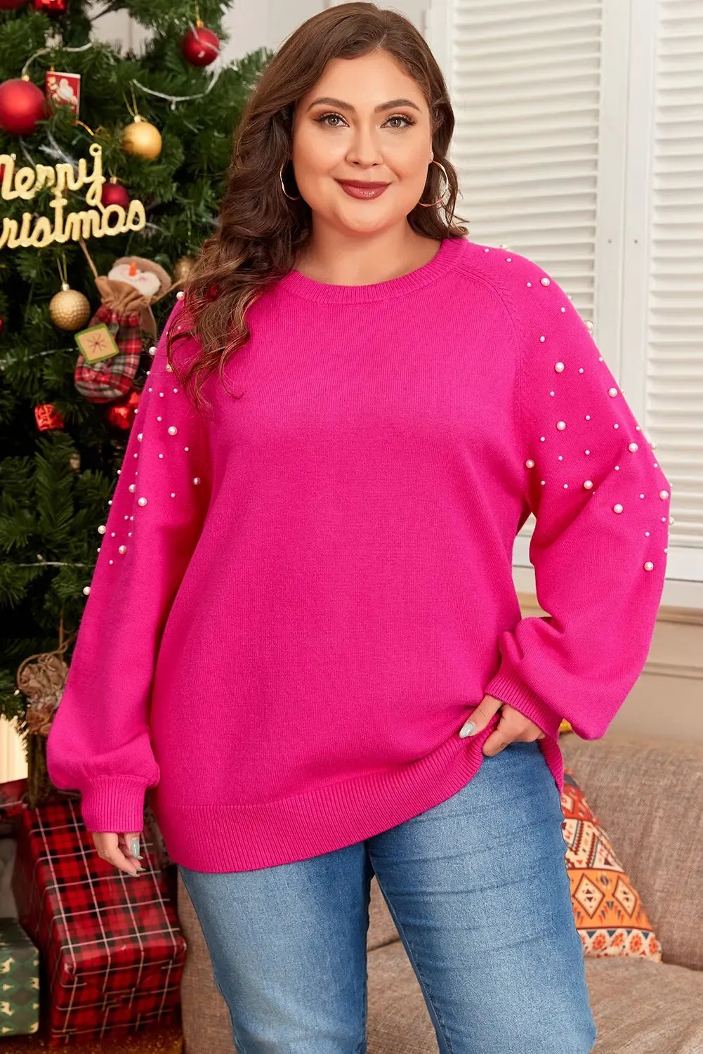 Strawberry Pearled Decor Raglan Sleeve Plus Sweater