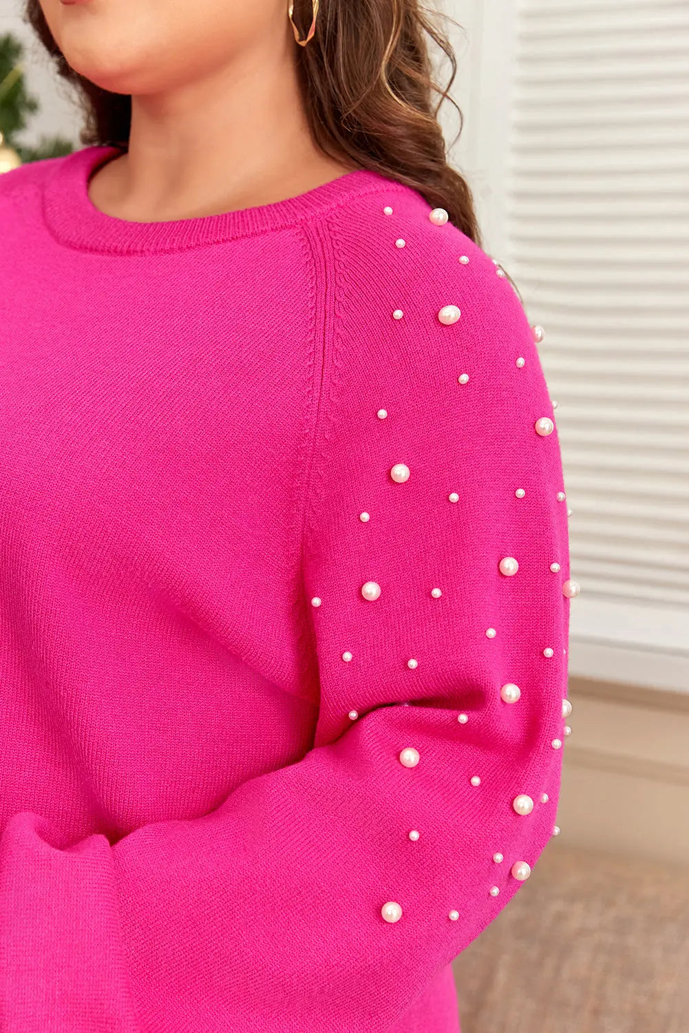Strawberry Pink Pearled Decor Raglan Sleeve Plus Size Sweater Beagle Boutique Fashion Outlet