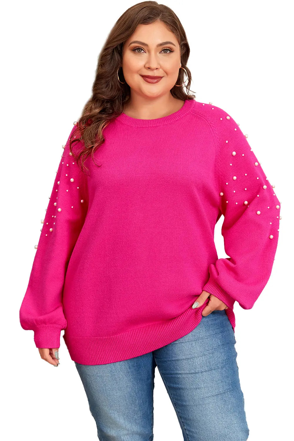 Strawberry Pink Pearled Decor Raglan Sleeve Plus Size Sweater Beagle Boutique Fashion Outlet