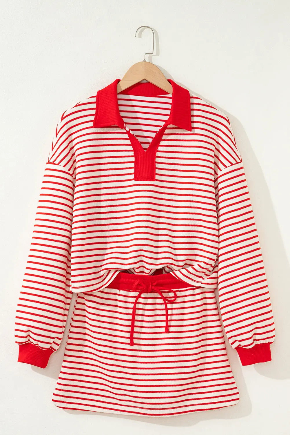 Stripe Collared V-Neck Drop Shoulder Pullover and Skort 2pcs Co-ord - eAura