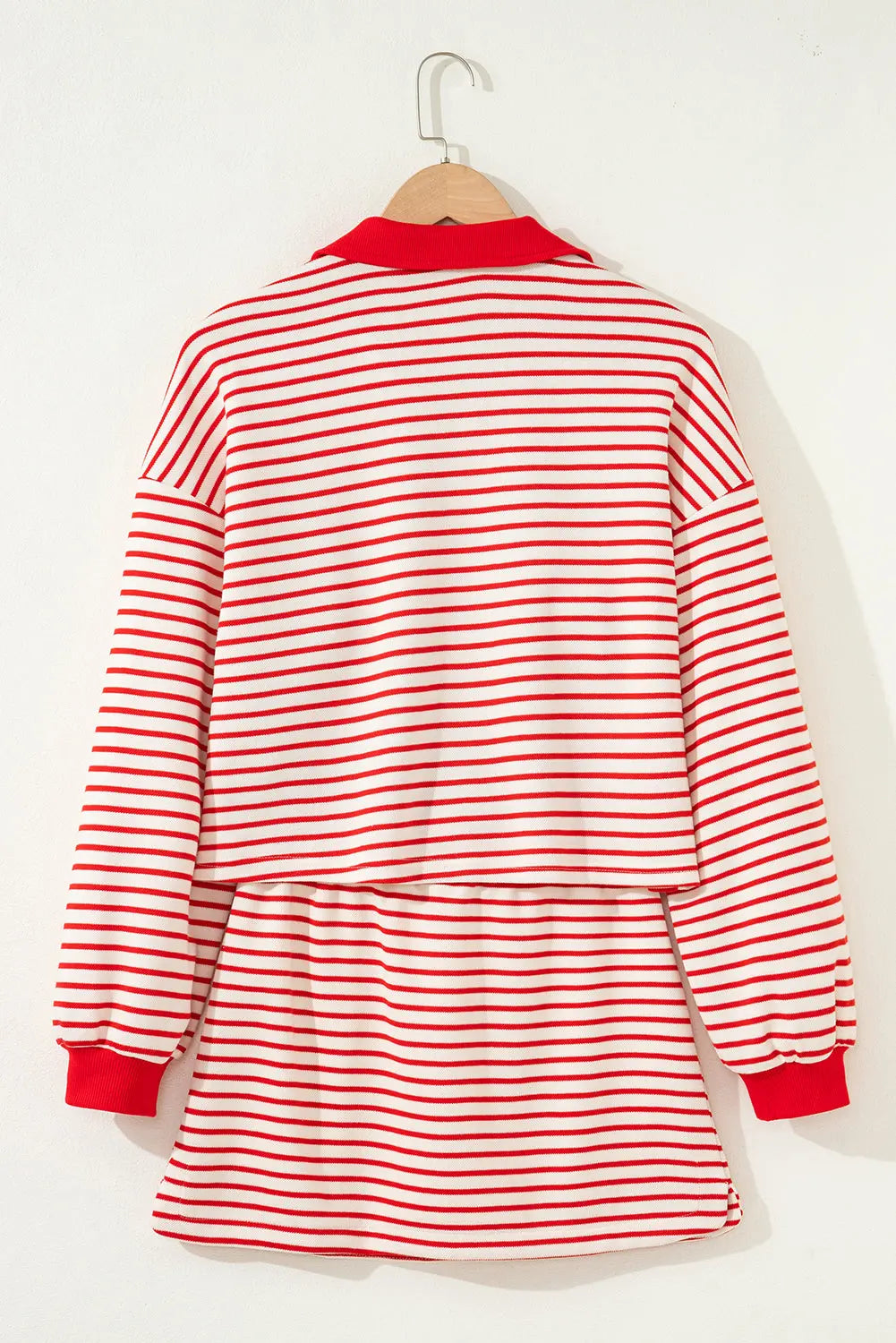 Stripe Collared V-Neck Drop Shoulder Pullover and Skort 2pcs Co-ord - eAura