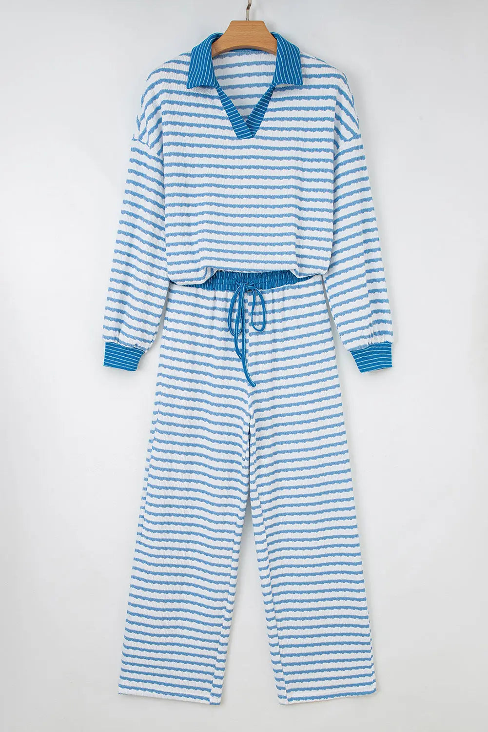 Striped Collared Pullover Top and Drawstring Trousers Co-ord Set - eAura