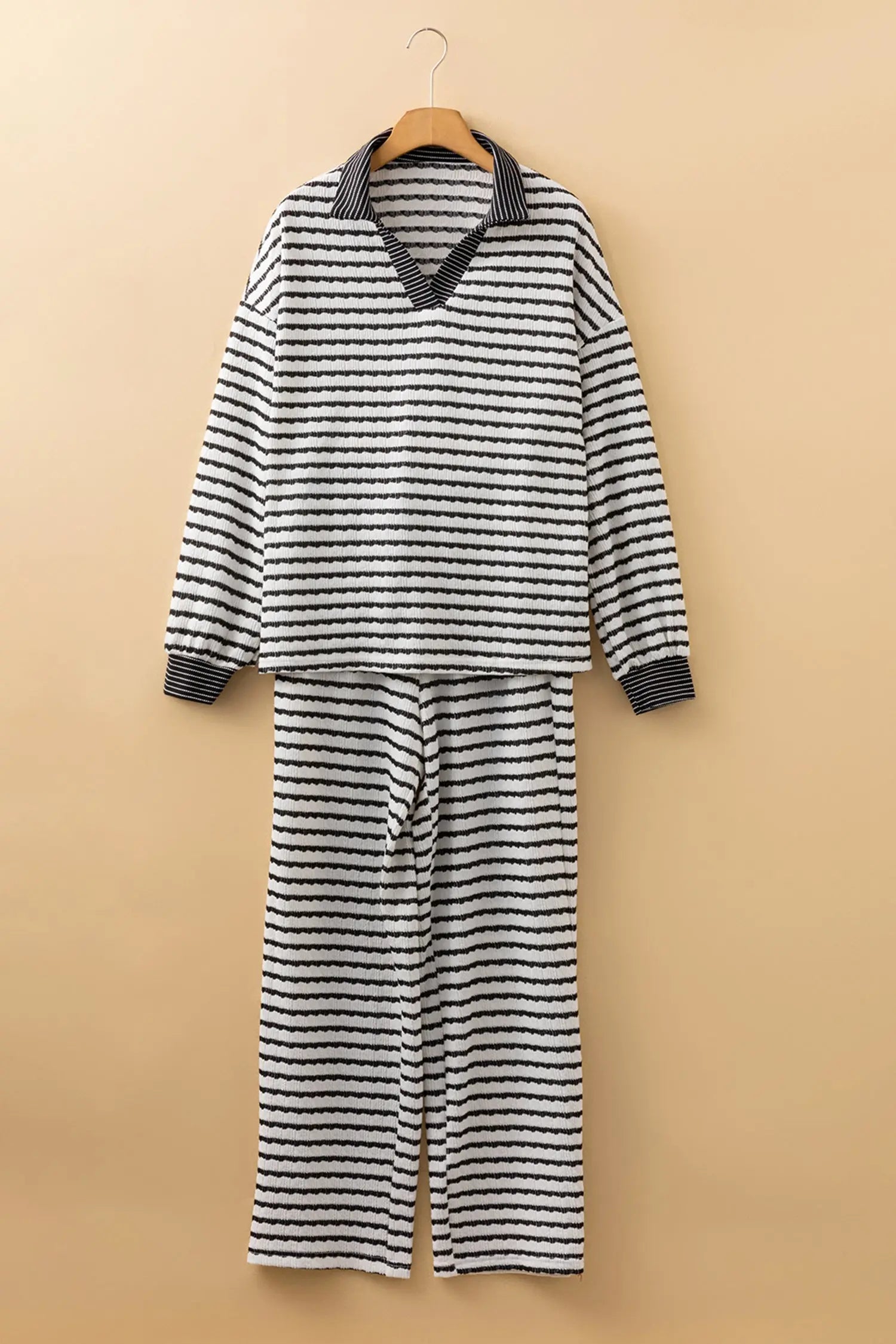 Striped Collared Pullover Top and Drawstring Trousers Co-ord Set - eAura