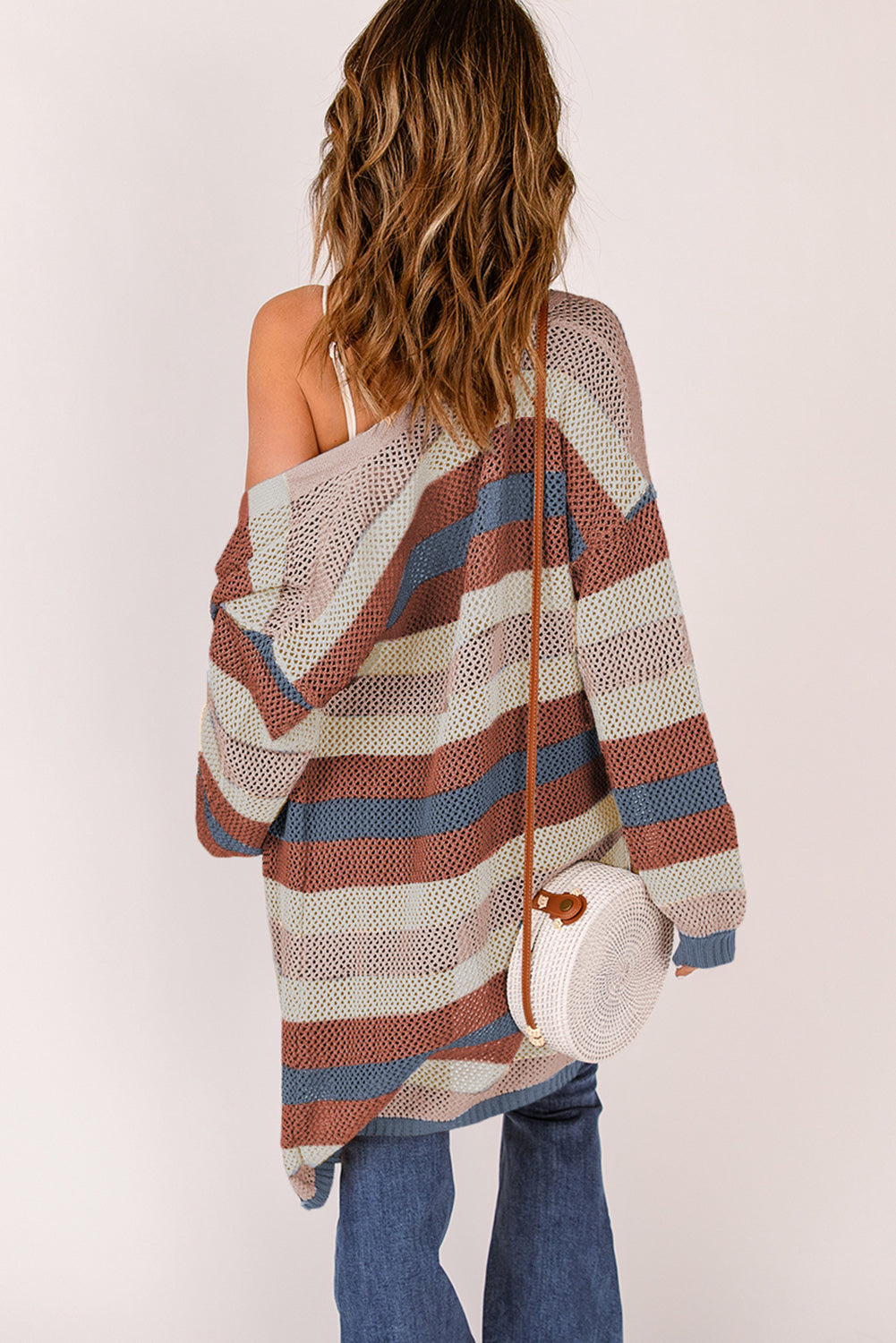 Striped Colour Block Hollowed Knit Cardigan - eAura