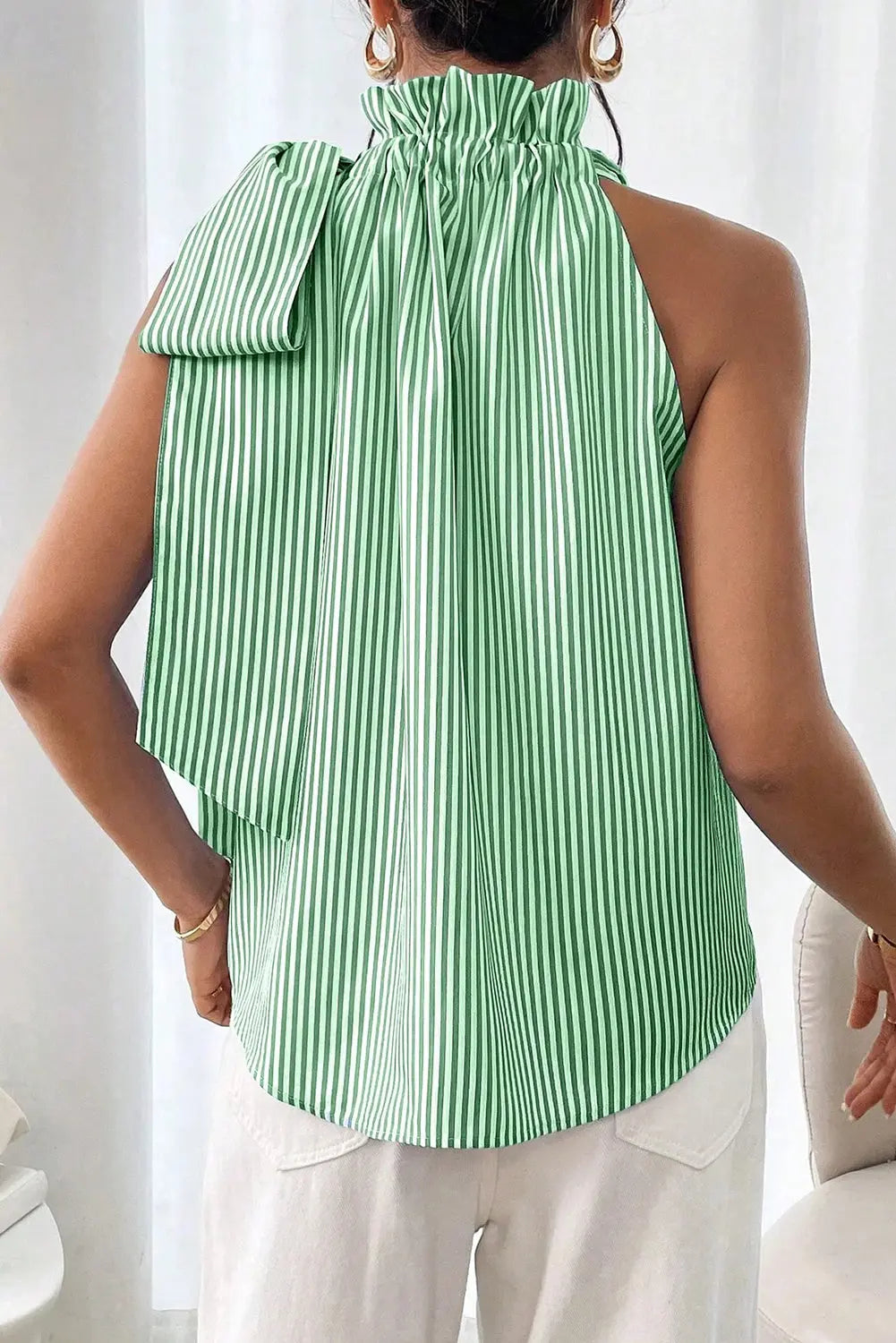 Striped Frill Neck Tie Knot Sleeveless Top - eAura