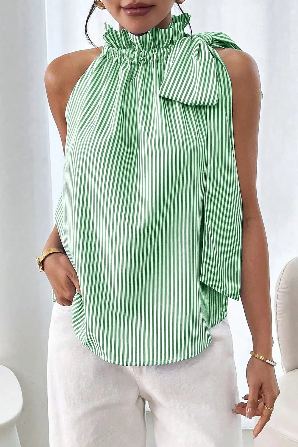 Striped Frill Neck Tie Knot Sleeveless Top - eAura