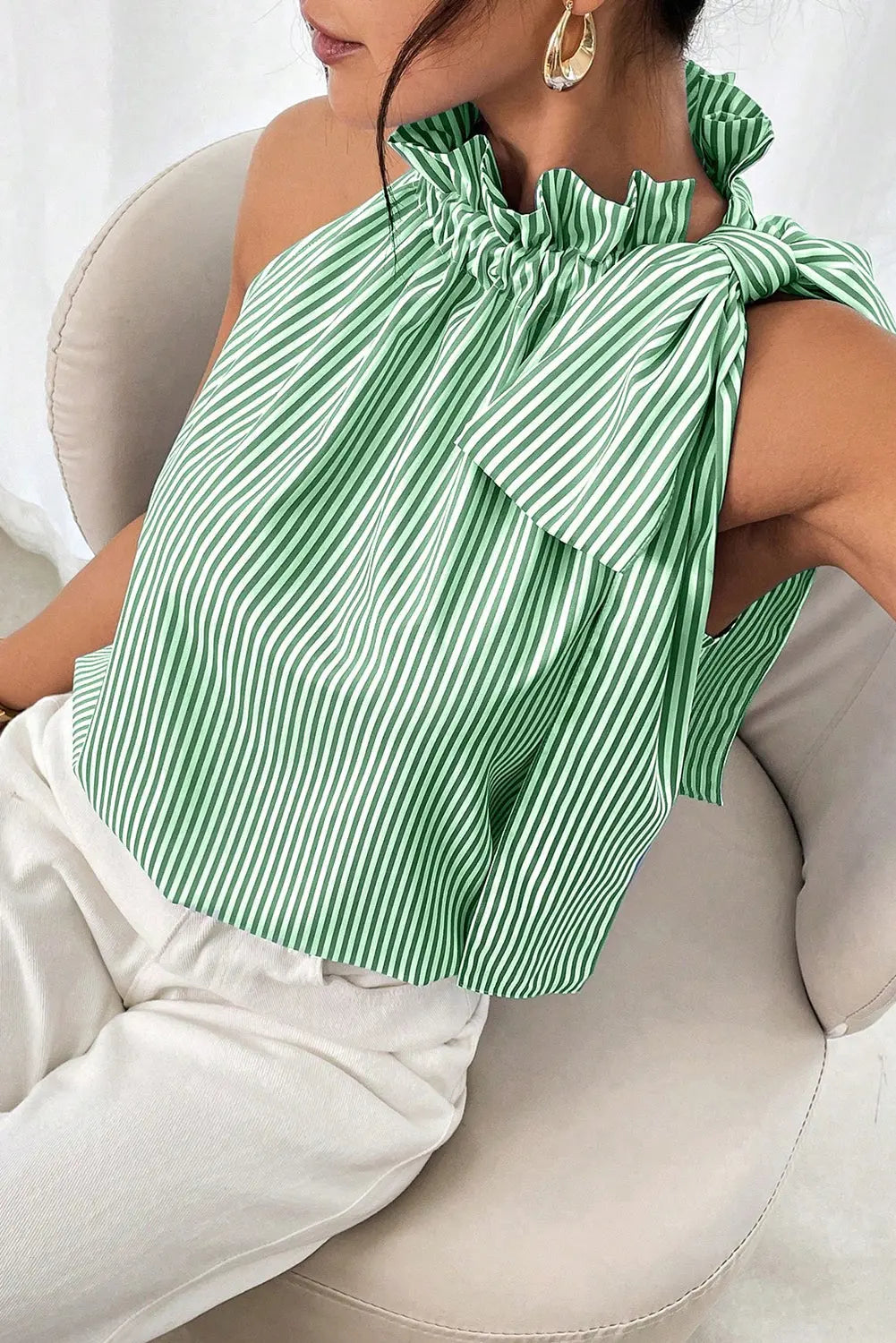 Striped Frill Neck Tie Knot Sleeveless Top - eAura