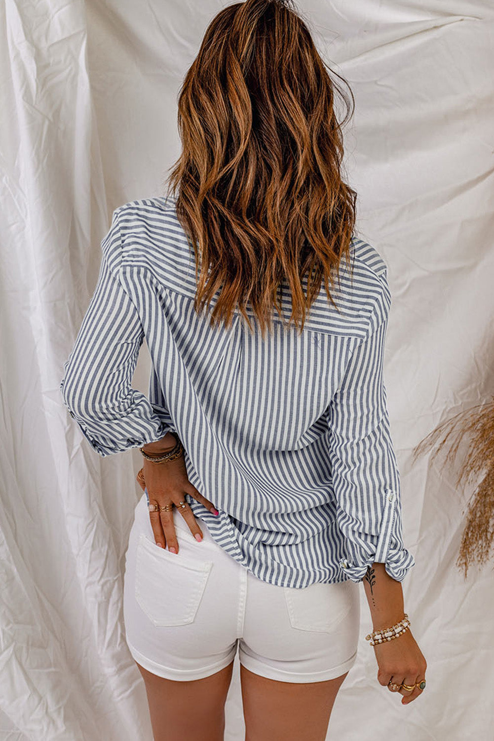 Striped Pocketed Buttons Long Sleeve Shirt - eAura