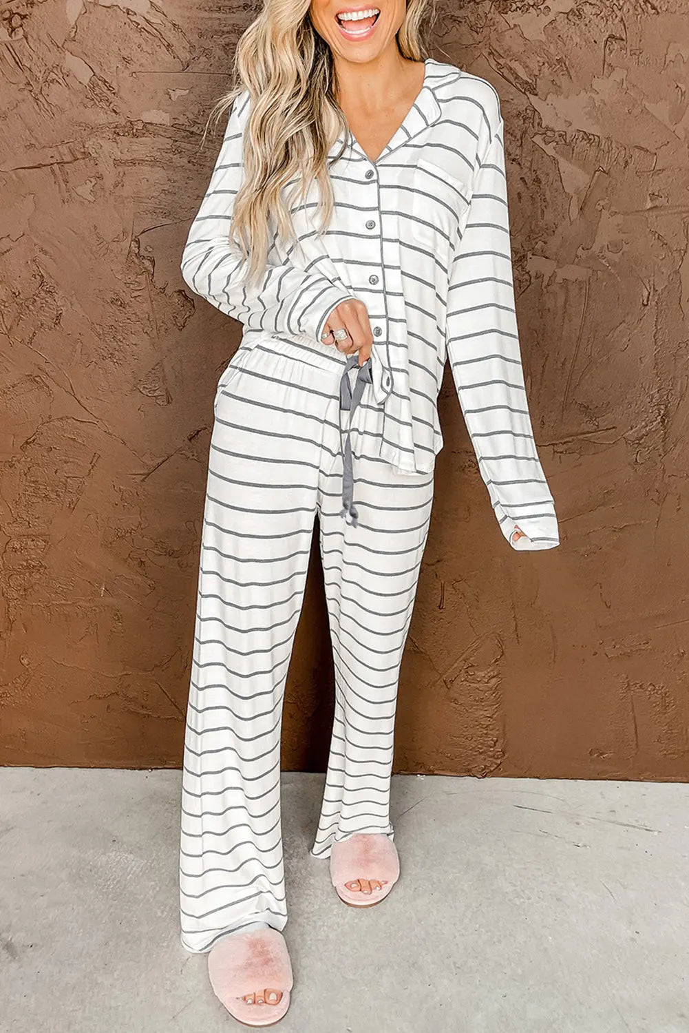 Striped Print Long Sleeve and Trousers Pyjamas Set eAura