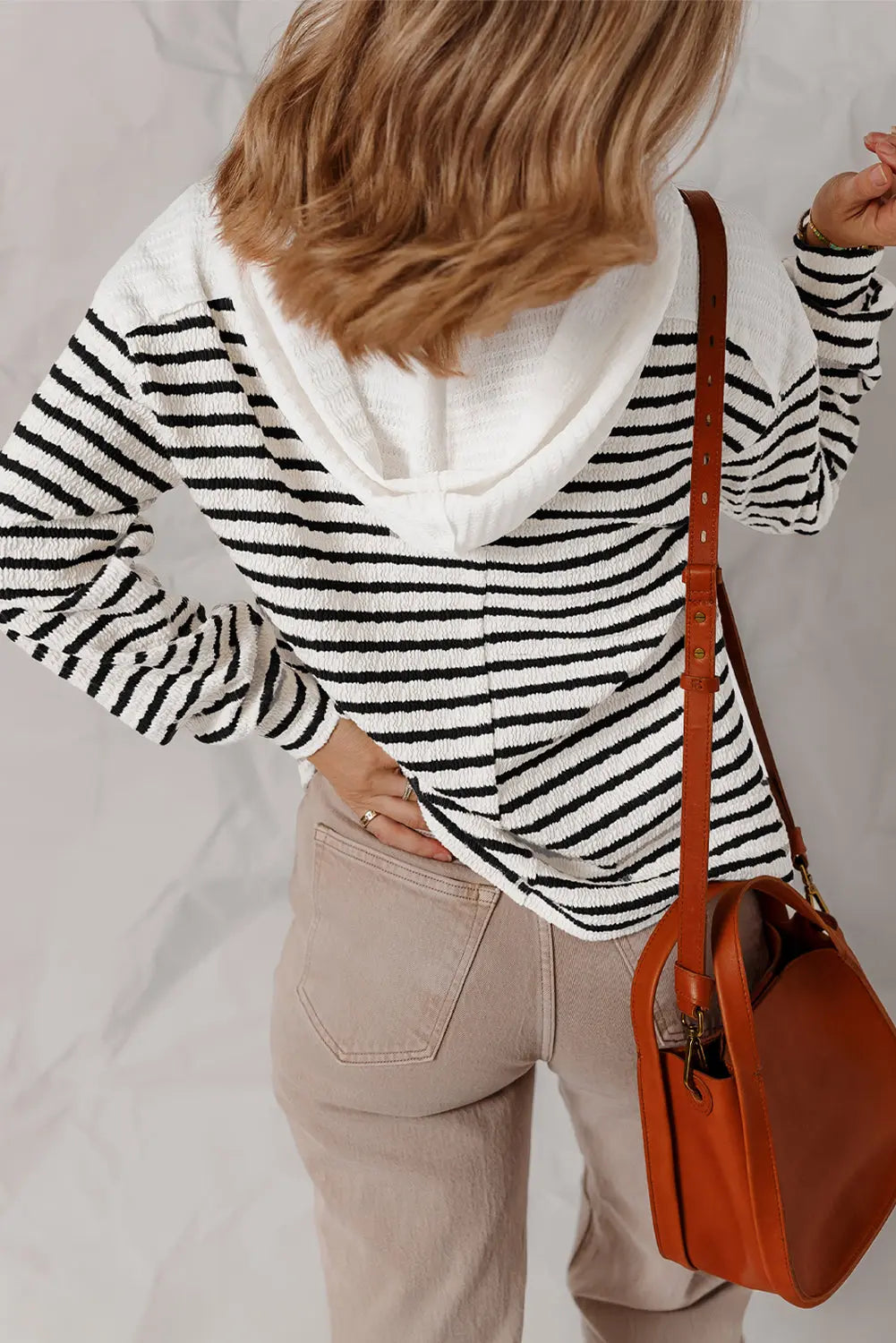 Striped Textured Hooded V-Neck Top - eAura