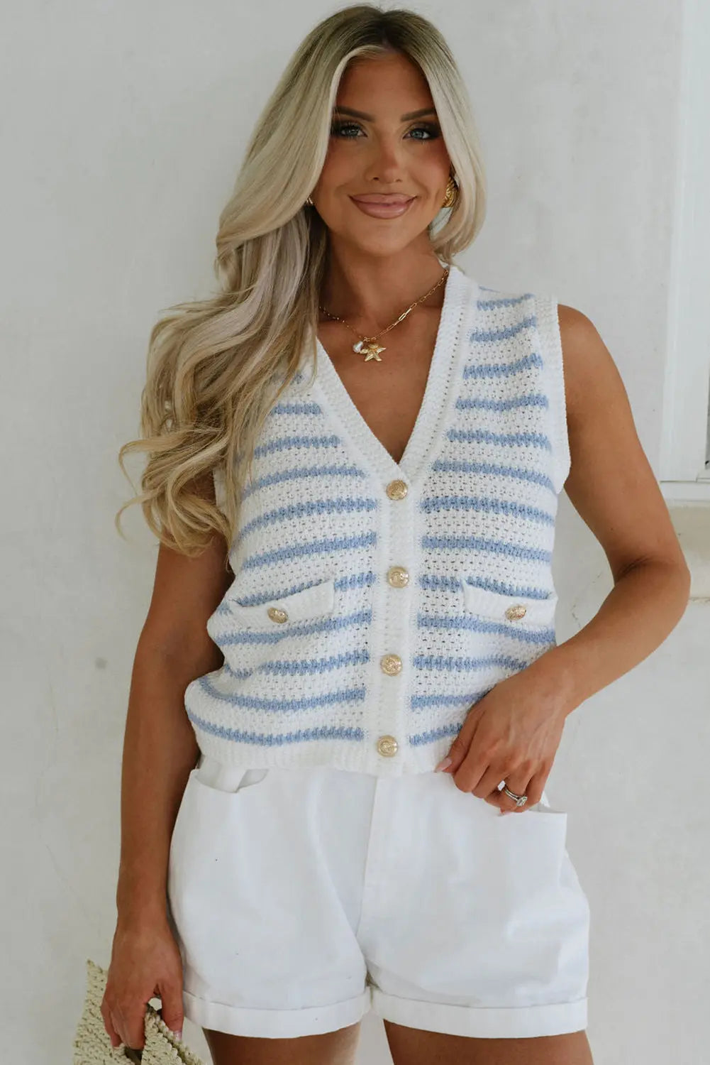 Striped V Neck Button Knit Sleeveless Cardigan - eAura