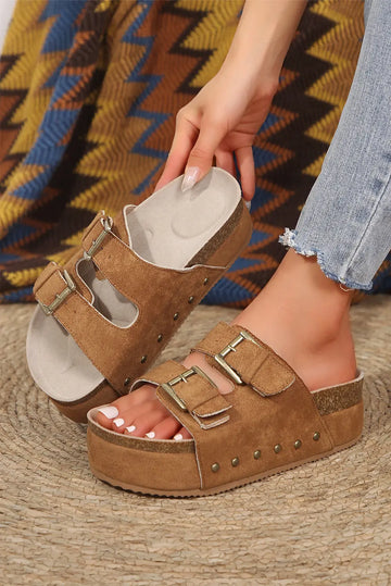 Suede Buckle Decor Corky Platform Sandals - eAura