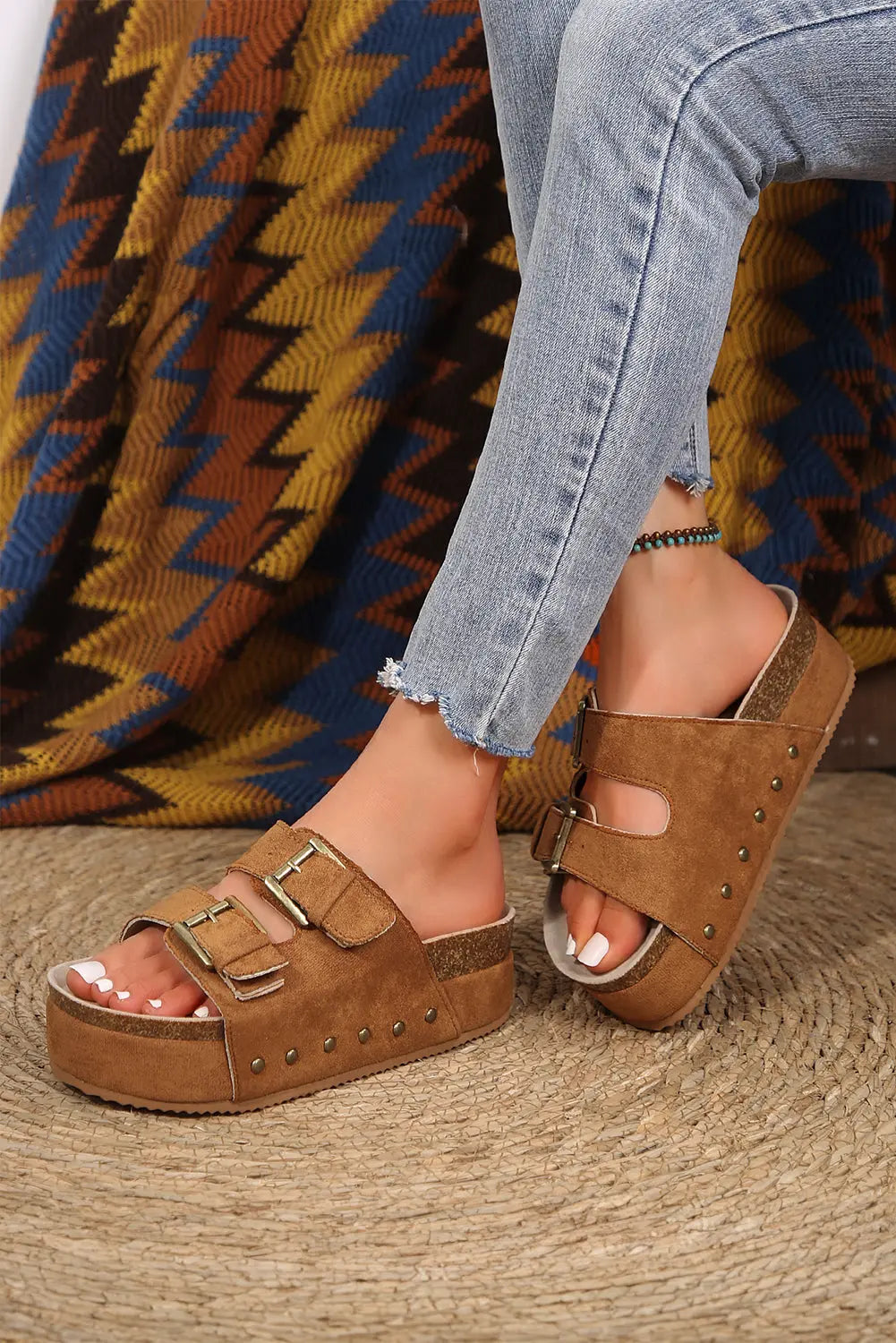 Suede Buckle Decor Corky Platform Sandals - eAura