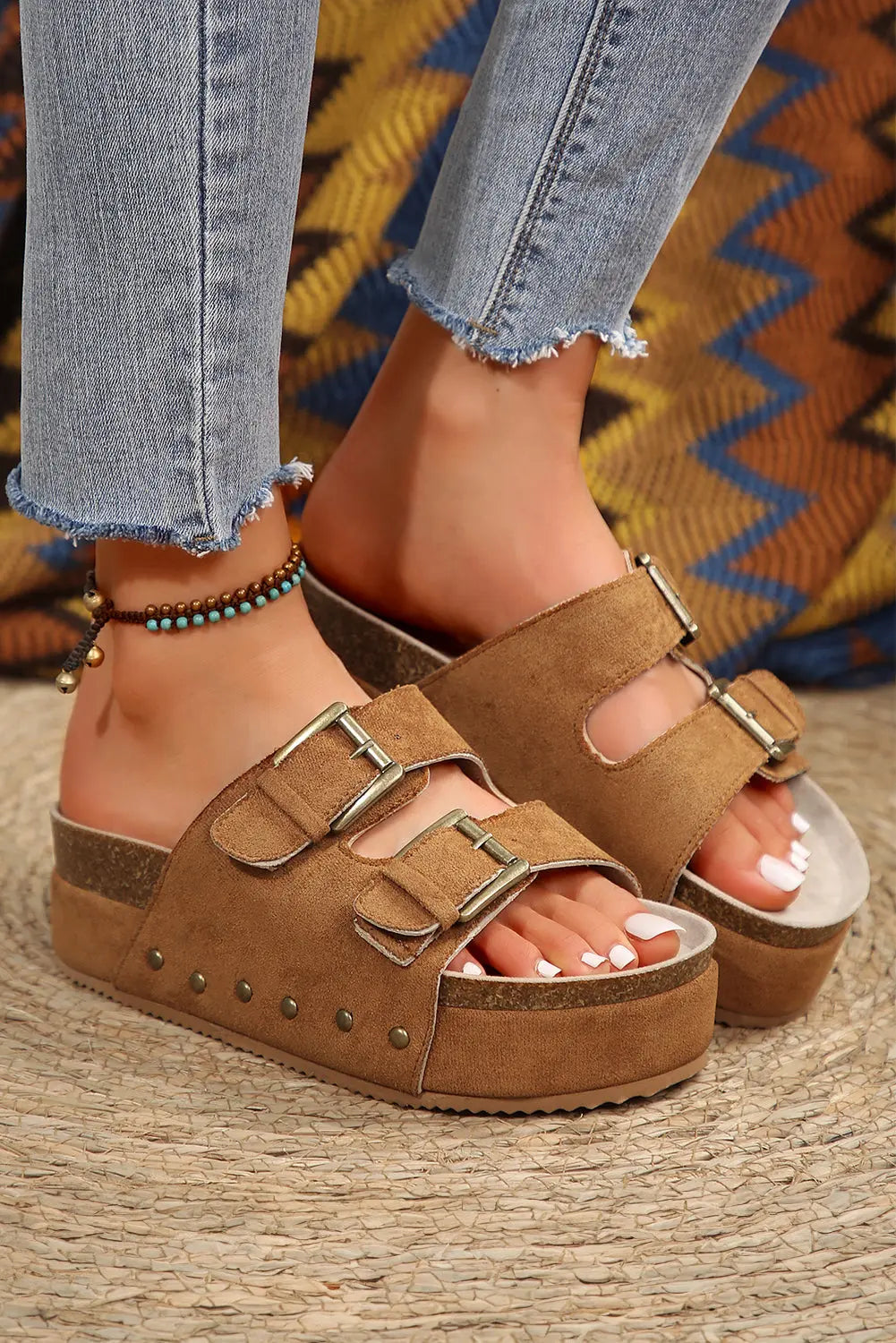 Suede Buckle Decor Corky Platform Sandals - eAura