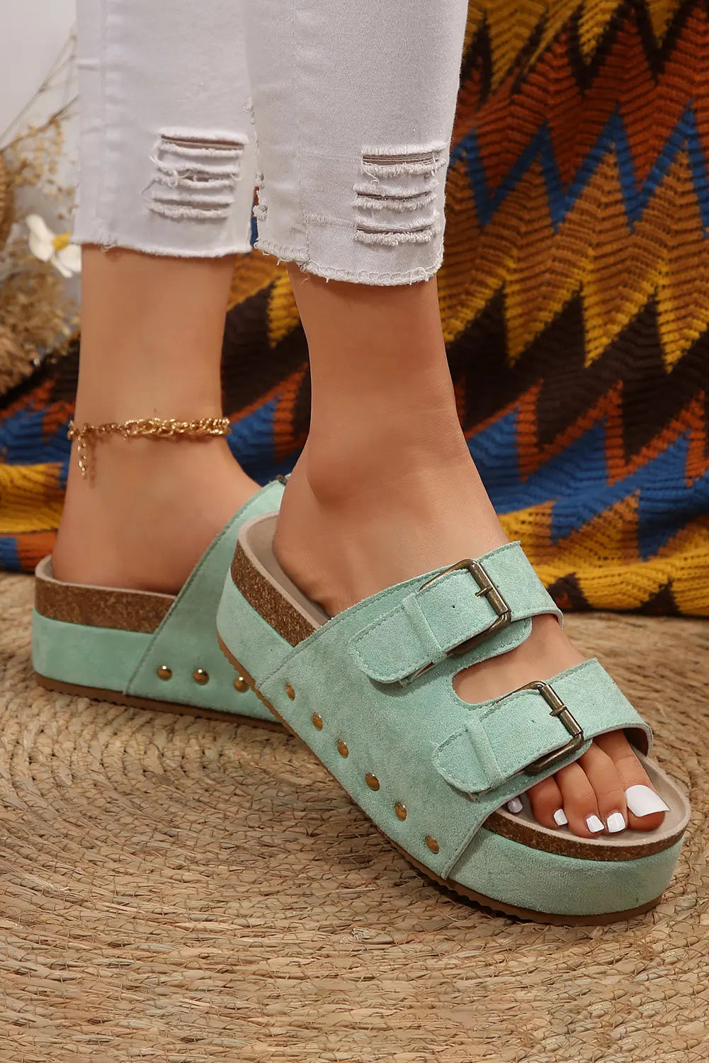 Suede Buckle Decor Corky Platform Sandals - eAura