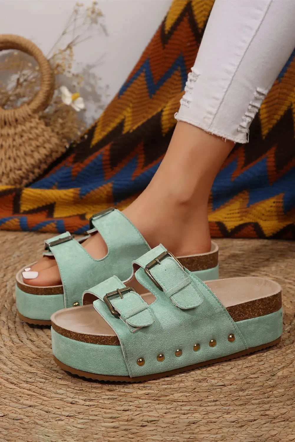Suede Buckle Decor Corky Platform Sandals - eAura