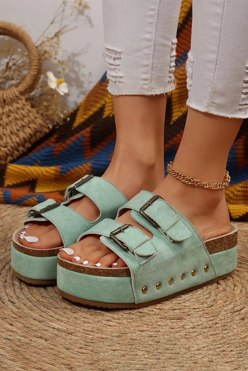 Suede Buckle Decor Corky Platform Sandals - eAura