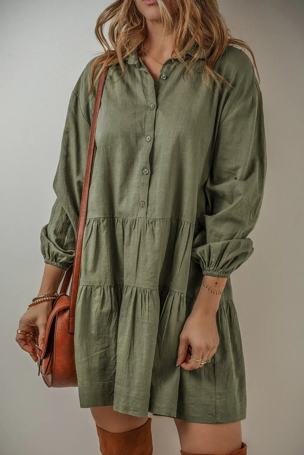 Tan Puff Sleeve Buttoned Tiered Pleated Shirt Mini Dress - JUNGLE GREEN / S / 92% VISCOSE + 8% LINEN - Dresses/Mini