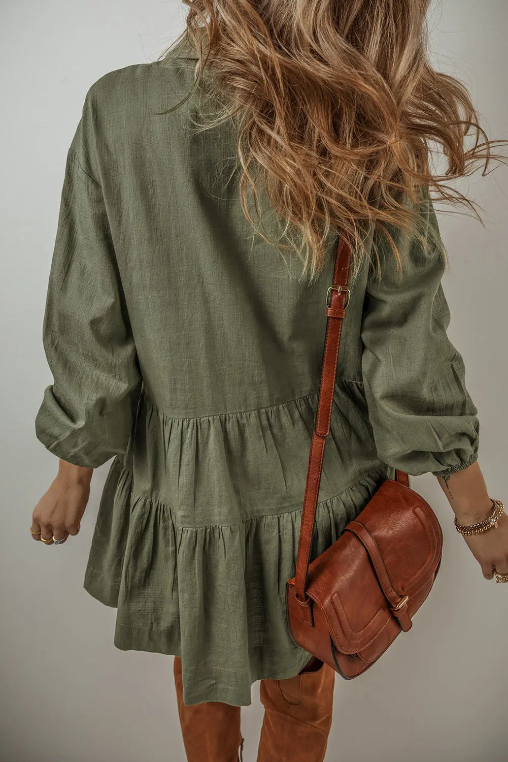 Tan Puff Sleeve Buttoned Tiered Pleated Shirt Mini Dress - JUNGLE GREEN / S / 92% VISCOSE + 8% LINEN - Dresses/Mini