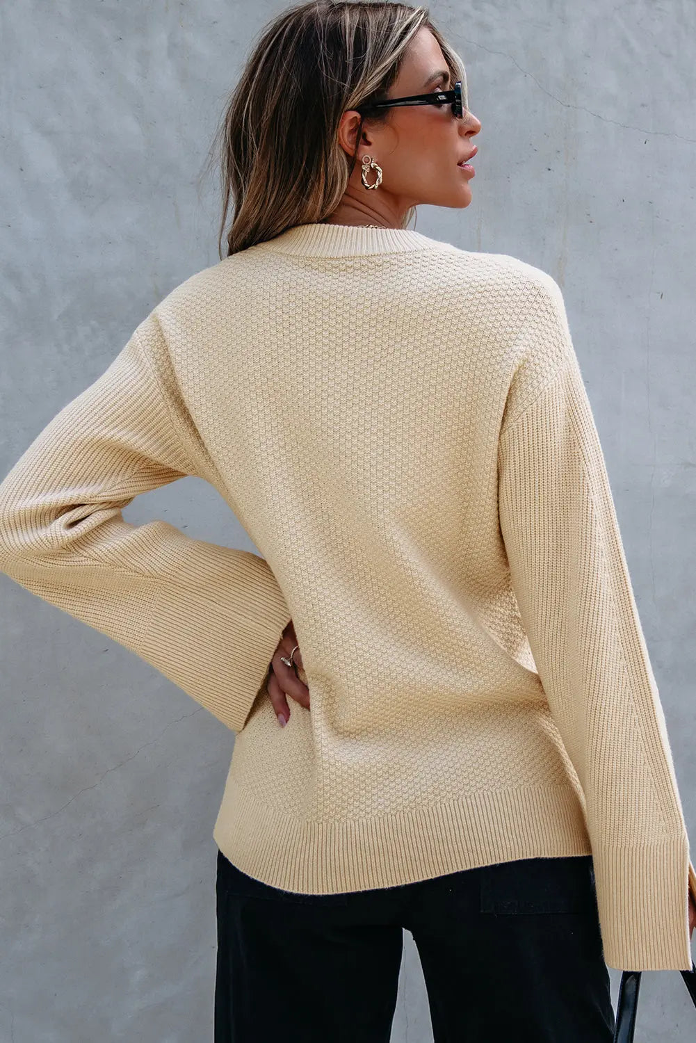 Textured Knit Split Cuff Drop Shoulder Loose Sweater - eAura
